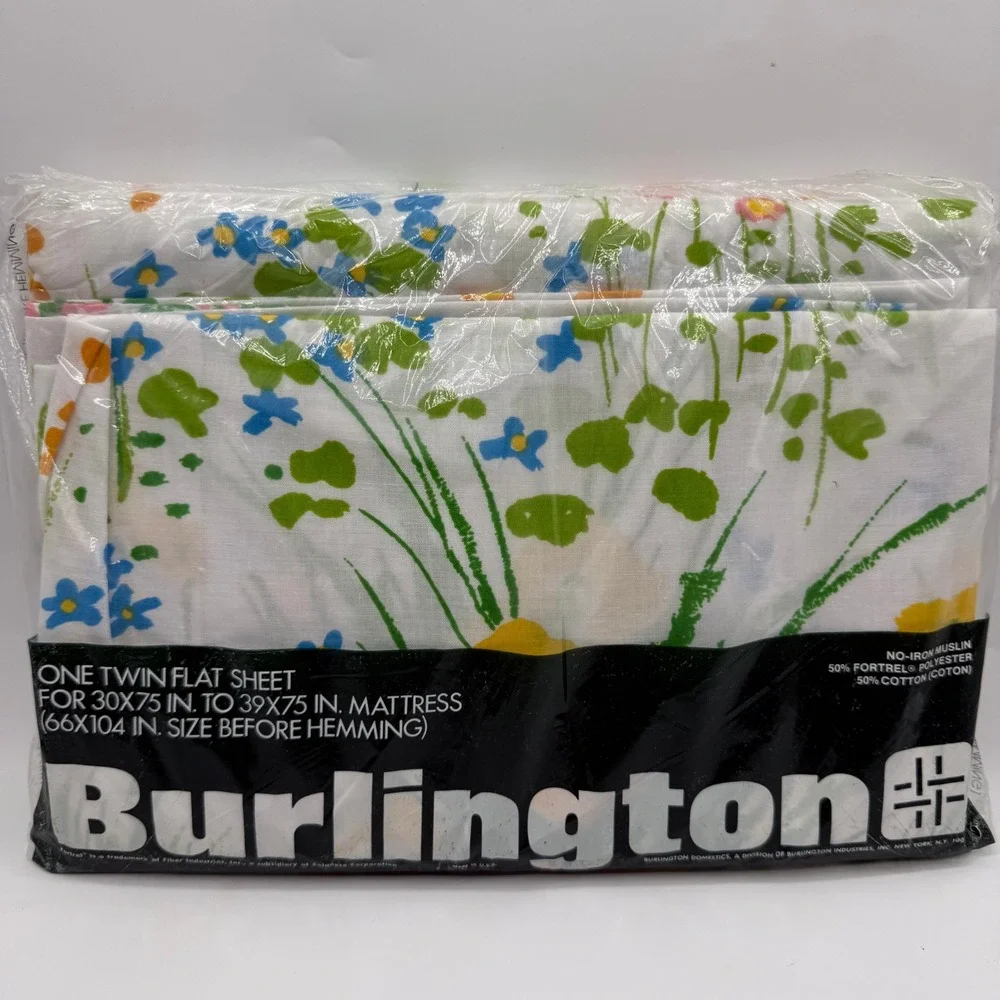 Vintage Burlington Twin Flat Sheet‎ Floral Flowers Meadow NOS New Old Stock